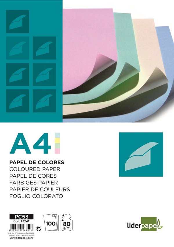 Papel color liderpapel a4 80g/m2 4 colores surtidos paquete de 100.